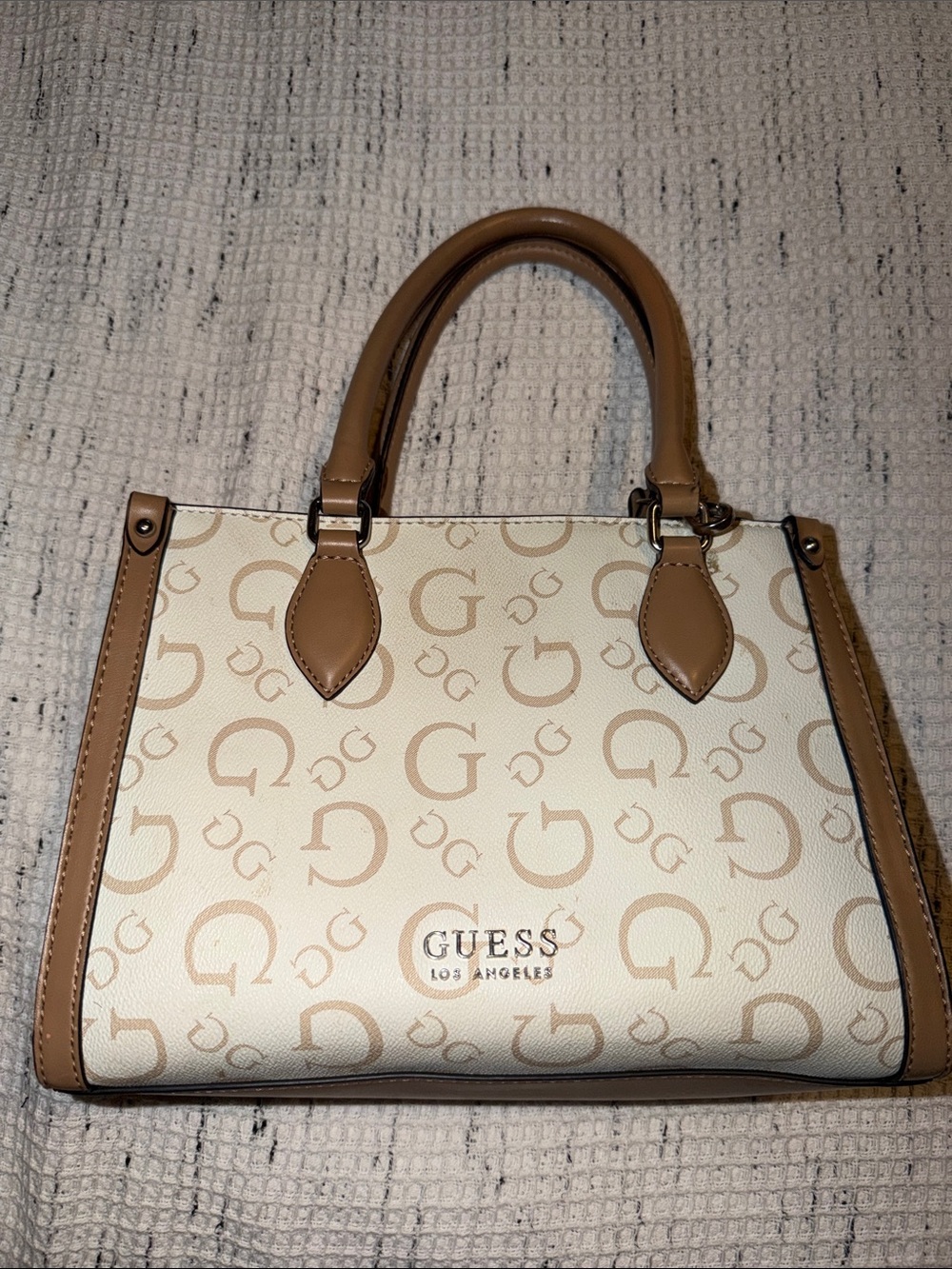 GUESS Cream and Brown Logo Satchel